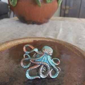 5 New Drawer Knobs - 1 blue/copper shimmer Octopus - 4 'antique-white' Starfish